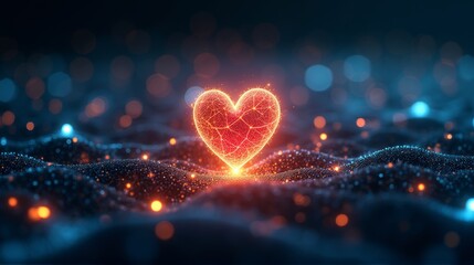 A glowing, digital heart made of interconnected nodes and lines pulses with vibrant energy against a dark, futuristic background, symbolizing love and technology.