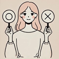 〇×サインを持つシンプルな女性キャラクター