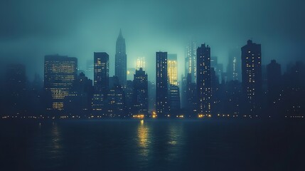 Fototapeta premium A dramatic skyline at dusk with illuminated buildings, spotlighted to highlight their silhouettes against a darkening sky