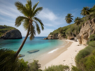  A hidden beach cove surrounded by tall cliffs and dense vegetation. The clear, turquoise water gently laps at the sandy shore, and palm trees provide shade along the edges of the beach.