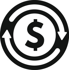 Black and white icon of the dollar symbol surrounded by two arrows forming a circle and representing money turnover