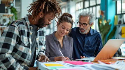 Three people are sitting at a table with a laptop open. A man is writing on a piece of paper while two women look on. Scene is collaborative and focused