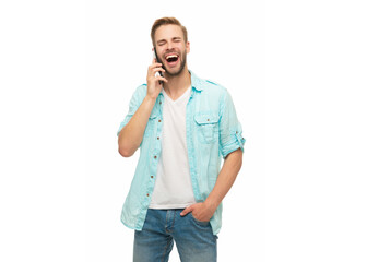 Communication. Man speak on smartphone isolated on white. Millennial man has phone conversation....