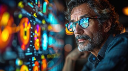A man analyzes vibrant data visualizations on a screen during a late-night work session in a modern office environment