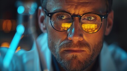 Scientist conducting experiments in a lab at night while analyzing data through glasses