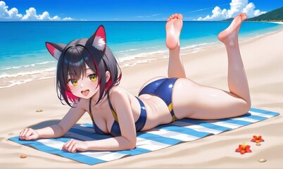 Fototapeta premium A girl with animal ears is having fun on the beach. In anime style.