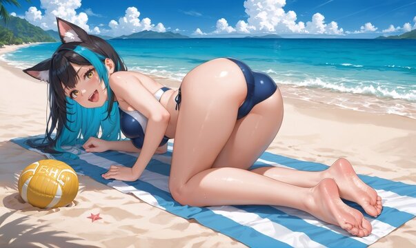 A girl with animal ears is having fun on the beach. In anime style.