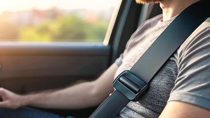 Close-up of a person, securely fastened black seat belt in a car, highlighting transportation safety and legal compliance. Ideal for emphasizing seat belt use and driver responsibility