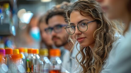 Young woman with curly hair and glasses observes a laboratory experiment with colleagues during a science class