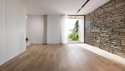 Minimalist White Interior Design with Stone Wall and Wooden Floor