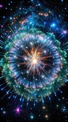 Explosive burst of colorful fireworks against a night sky.
