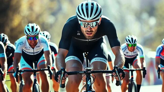 Athletic male cyclist, focused and determined, rides his bike during a sunny race, sporting protective gear and a uniform, with the background of fellow racers blurred to highlight the intensity of th