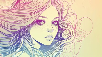 Stylized illustration of a woman's face with flowing hair, featuring artistic elements like floral patterns