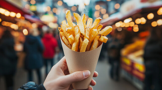 Man Holding a Paper Cone of Golden French Fries at a Street Market