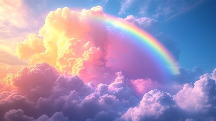 A rainbow emerging from behind dramatic clouds with vivid colors