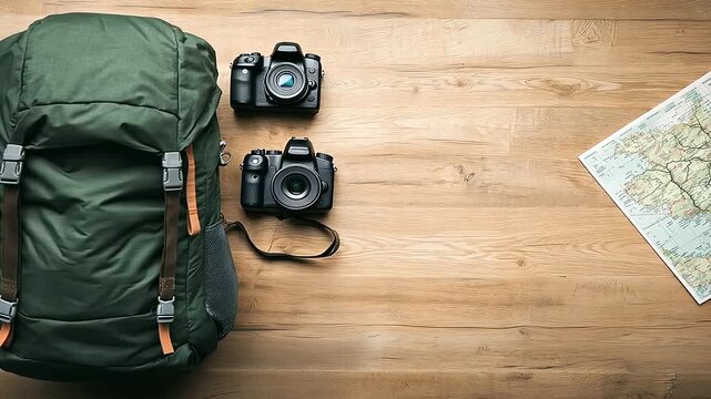 A top down view of essential travel and outdoor adventure gear laid out on a wooden table. The scene includes a map with marked locations, a backpack, a camera, and hiking boots, evoking the excitemen