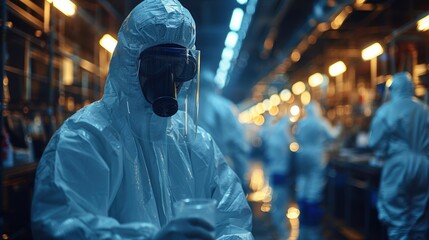 Obraz premium Worker in protective suit handling a sample in a laboratory environment during night shift