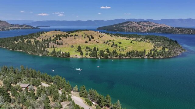 drone view over a montana lake