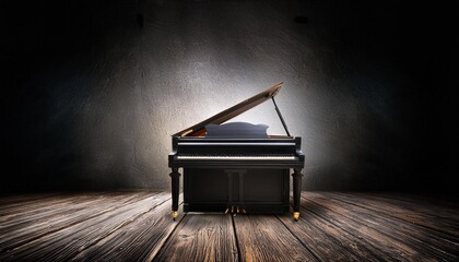 Old Piano In Dark Room With Wooden Floor