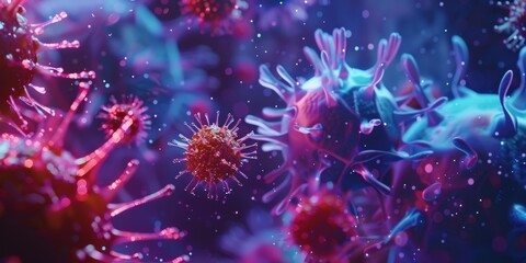 Microscopic view of colorful viruses in a digital representation, showcasing intricate details and vibrant patterns.