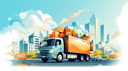 Naklejka premium Moving car illustration flat design side view busy street cartoon drawing Triadic Color Scheme