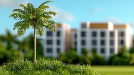 Fototapeta premium A vibrant palm tree stands amidst lush grass, with a blurred modern building in the background, showcasing tropical tranquility.