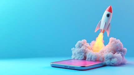 A white rocket with red accents launches from a smartphone screen, leaving behind a trail of smoke against a blue background.