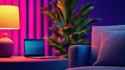Cozy workspace featuring a laptop on a table, surrounded by colorful lighting and a decorative plant, perfect for modern interiors.