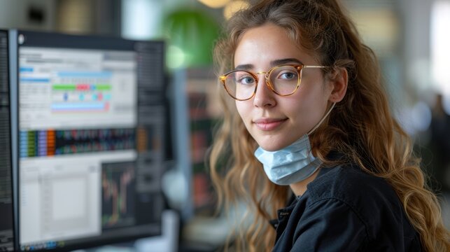 Young woman wearing glasses and a mask working at a desk with multiple computer screens in a modern office setting