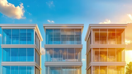 Obraz premium Modern glass buildings gleaming under a bright sky, capturing contemporary architectural beauty and urban lifestyle.