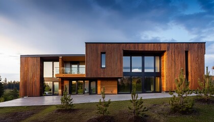 Fototapeta premium Modern Wooden House with Large Windows