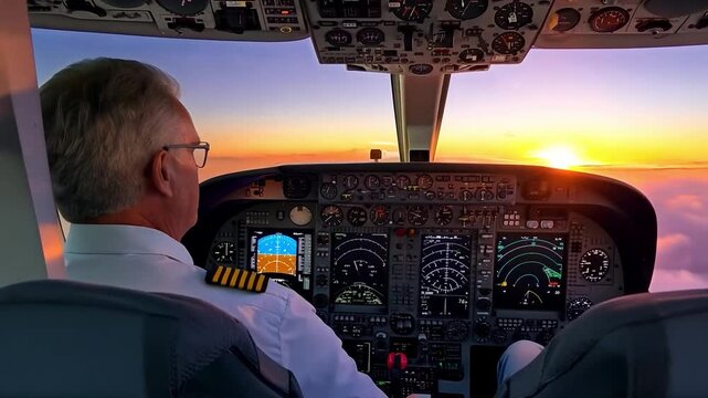 Airline pilots flying modern airplane at sunset with golden light entering cockpit