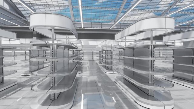 Supermarket interior mockup with shelving and transparent roof overlooking the blue sky with clouds. Sliding motion. Clouds move in the sky, shadows move across the supermarket floor. 3d animation