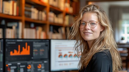 Young woman working on data analysis at a desk in a modern home office during daylight
