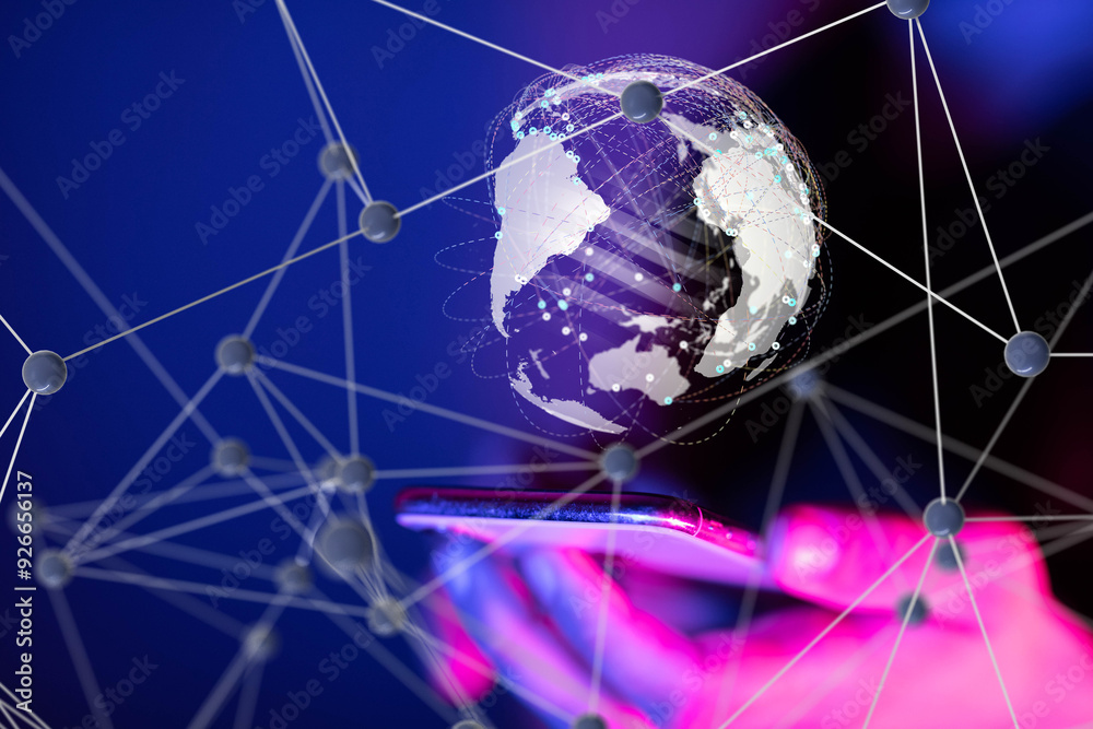 Fototapete world Global network. Blockchain. 3D illustration. Neural networks and artificial intelligence. Abstract