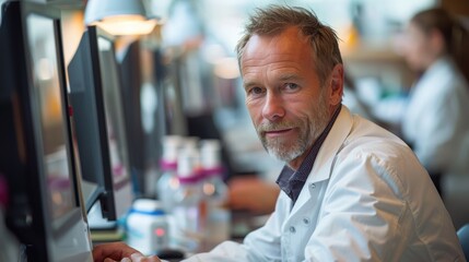 A scientist working at a computer in a modern lab during the day