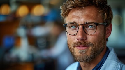 Obraz premium Young man with glasses smiling at a café in the afternoon