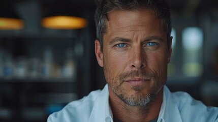 Obraz premium Man with blue eyes and short gray hair poses confidently in a bright indoor setting during the day