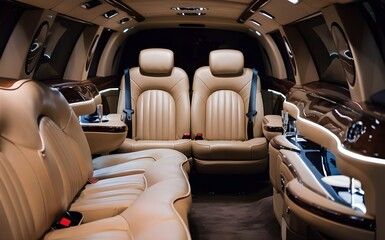 Luxurious Limousine Interior with Beige Leather Seats and Wood Trim