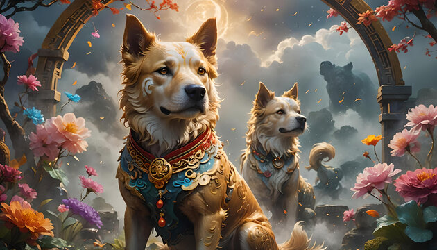 Dog Chinese zodiac flower background