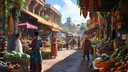 Obraz premium A bustling marketplace with vendors and customers.