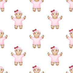 Christmas cute gingerbread cookies. Watercolor festive seamless pattern for Christmas and New Year.Holiday illustration.Holiday packaging.Ginger man decor.Print for gifts..