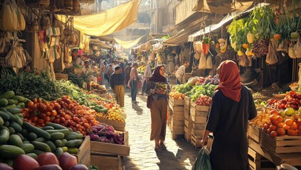 Obraz premium Busy marketplace with fresh produce and shoppers.