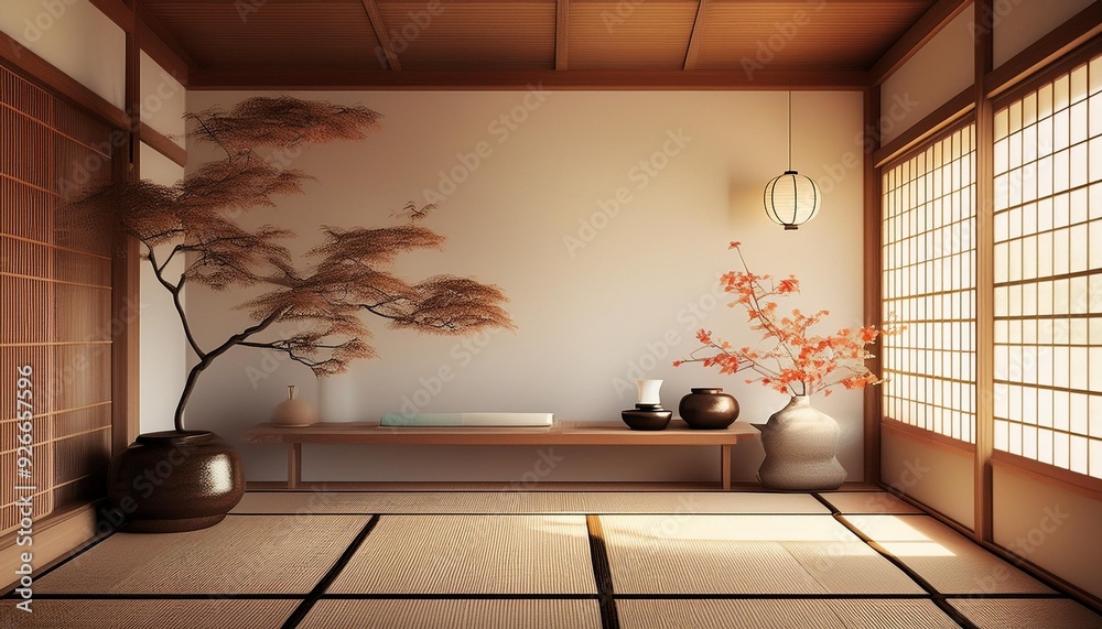 Wall mural Minimalist Japanese Style Interior Design With Wooden Flooring