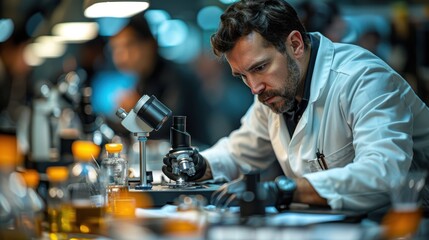 Naklejka premium A scientist examines samples in a laboratory setting during an evening research session