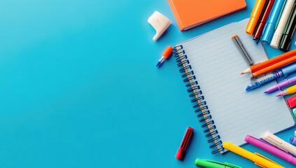 Notebook and colorful pens on blue background.