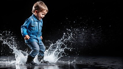 Boy in Denim Jumping in Water with Splashing Water Droplets