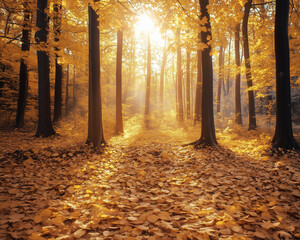 Morning in an Autumn Forest with Rich Brown, Golden Yellow, and Warm Beige Palette – A Natural Landscape