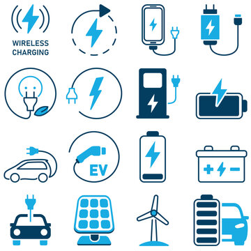 Laden, Smartphone, Auto, Solar, Photovoltaik, Windrad, Kabel, Batterie, Stecker, Steckdose - charging, icon set
