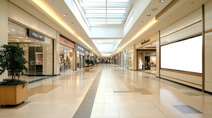 Obraz premium A wide, empty corridor in a modern shopping mall with a large blank billboard and plants in pots.